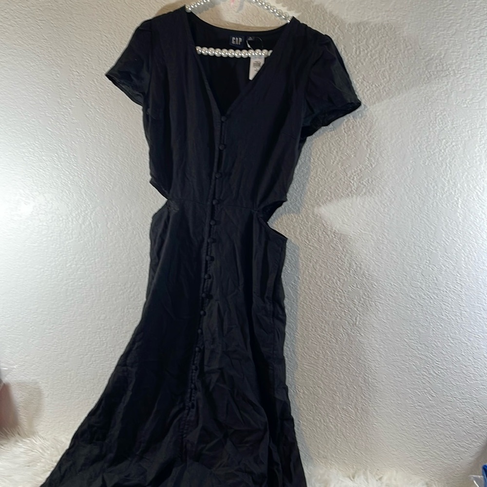 GAP Linen Blend Cutout Midi Dress With Pockets Black Size 8 Tall NEW - Picture 2 of 12